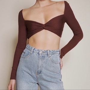 Chocolate Twist Long Sleeve Crop Top Ribbed